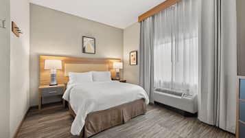 1 bedroom, desk, blackout drapes, iron/ironing board