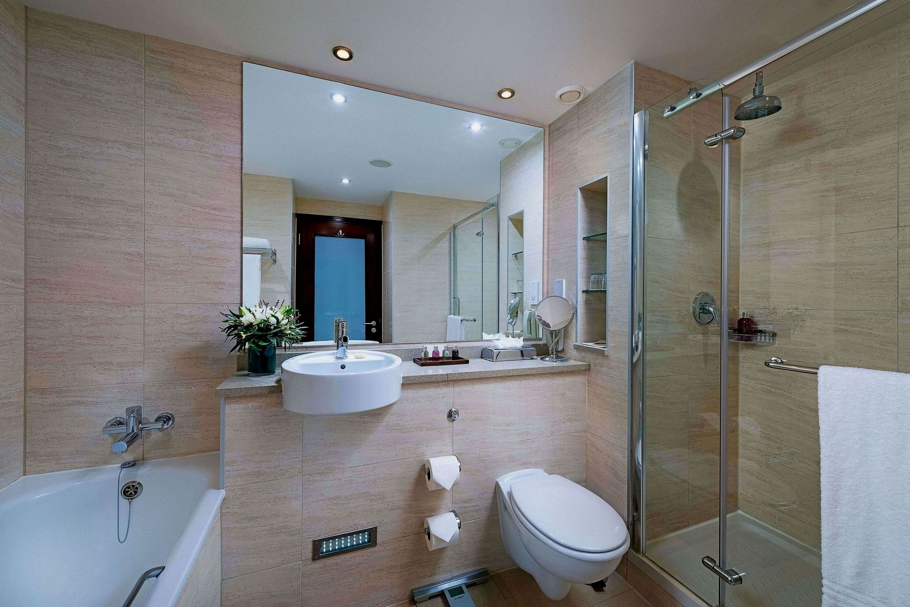 combined shower/bathtub, free toiletries, hair dryer, bathrobes