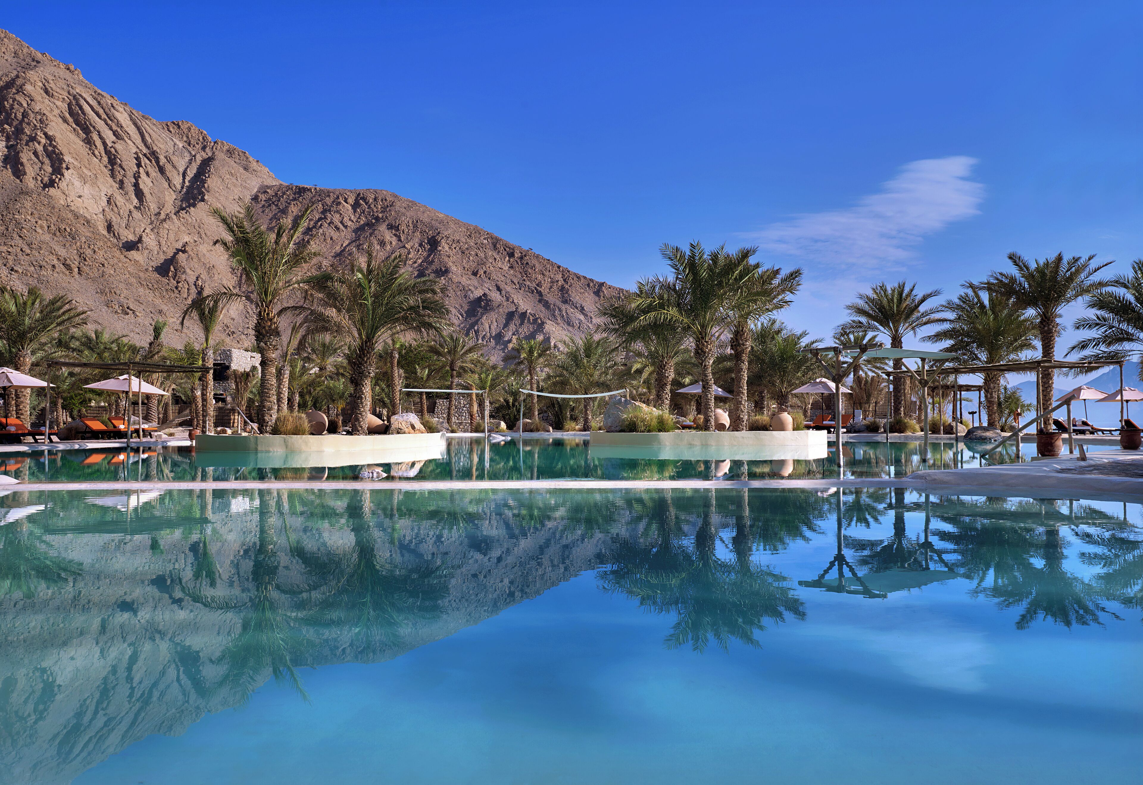 A pool with clear blue water, surrounded by palm trees and a mountain in the background.