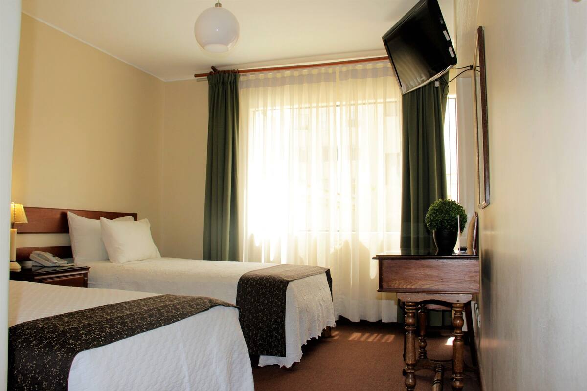Une chambre d’hôtel avec deux lits, un bureau agrémenté d’une plante, une télévision et une fenêtre avec des rideaux.