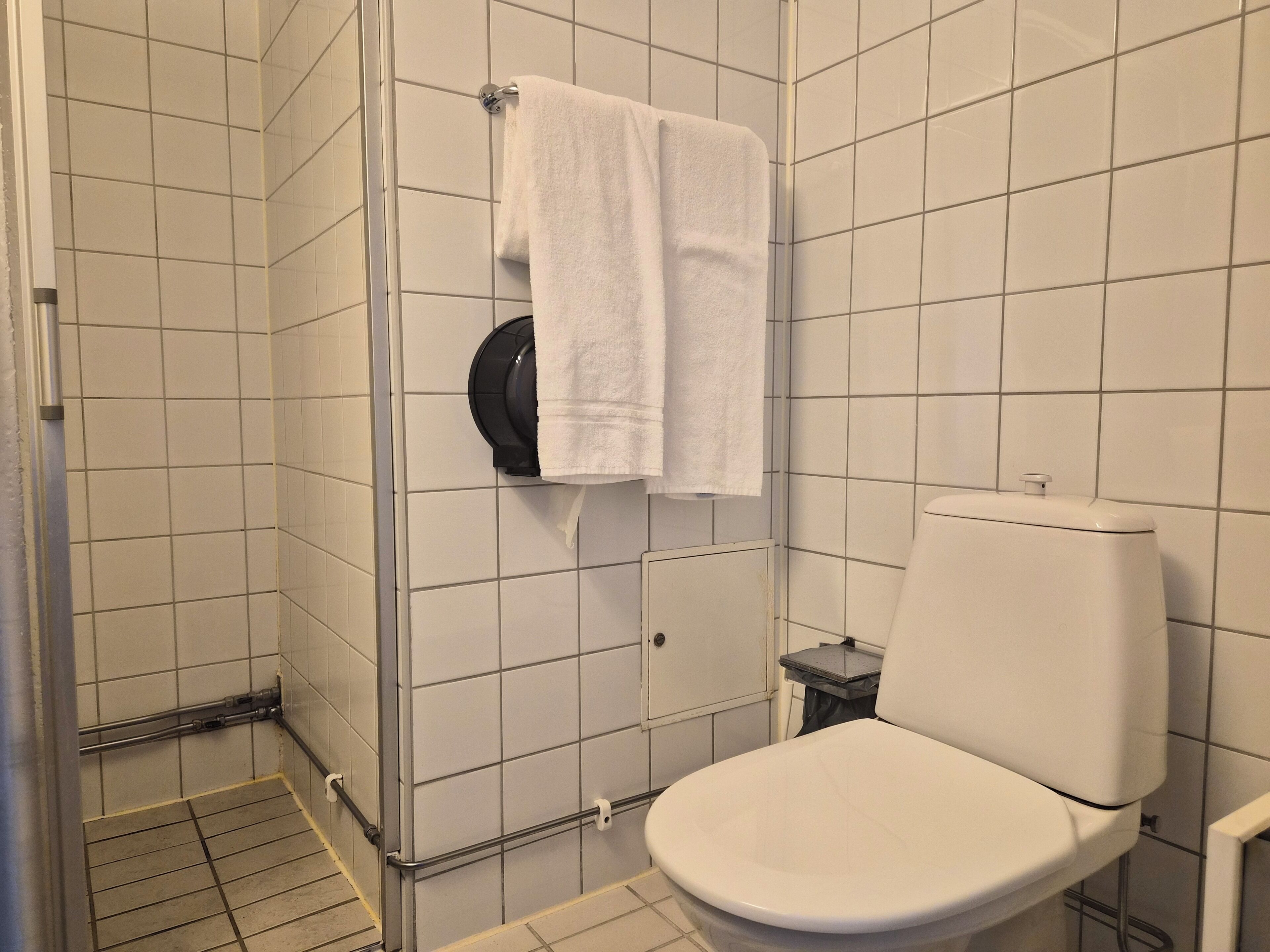A bathroom with a toilet, a shower stall, and a towel rack.