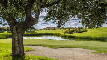 Enjoy a serene golf experience amidst lush greenery and a tranquil pond.