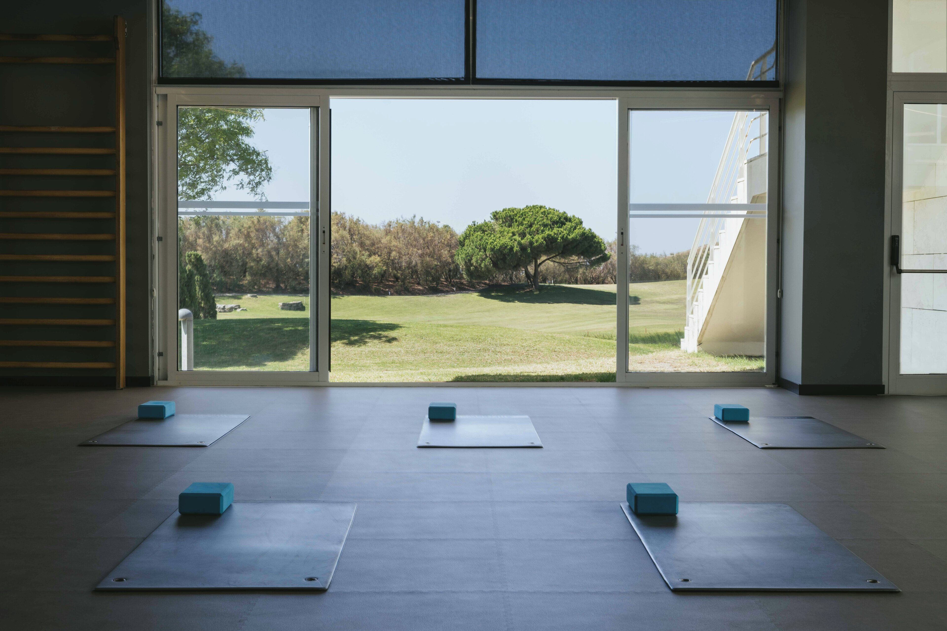 A yoga room with mats and blocks, large windows with a view of a grassy area and trees.