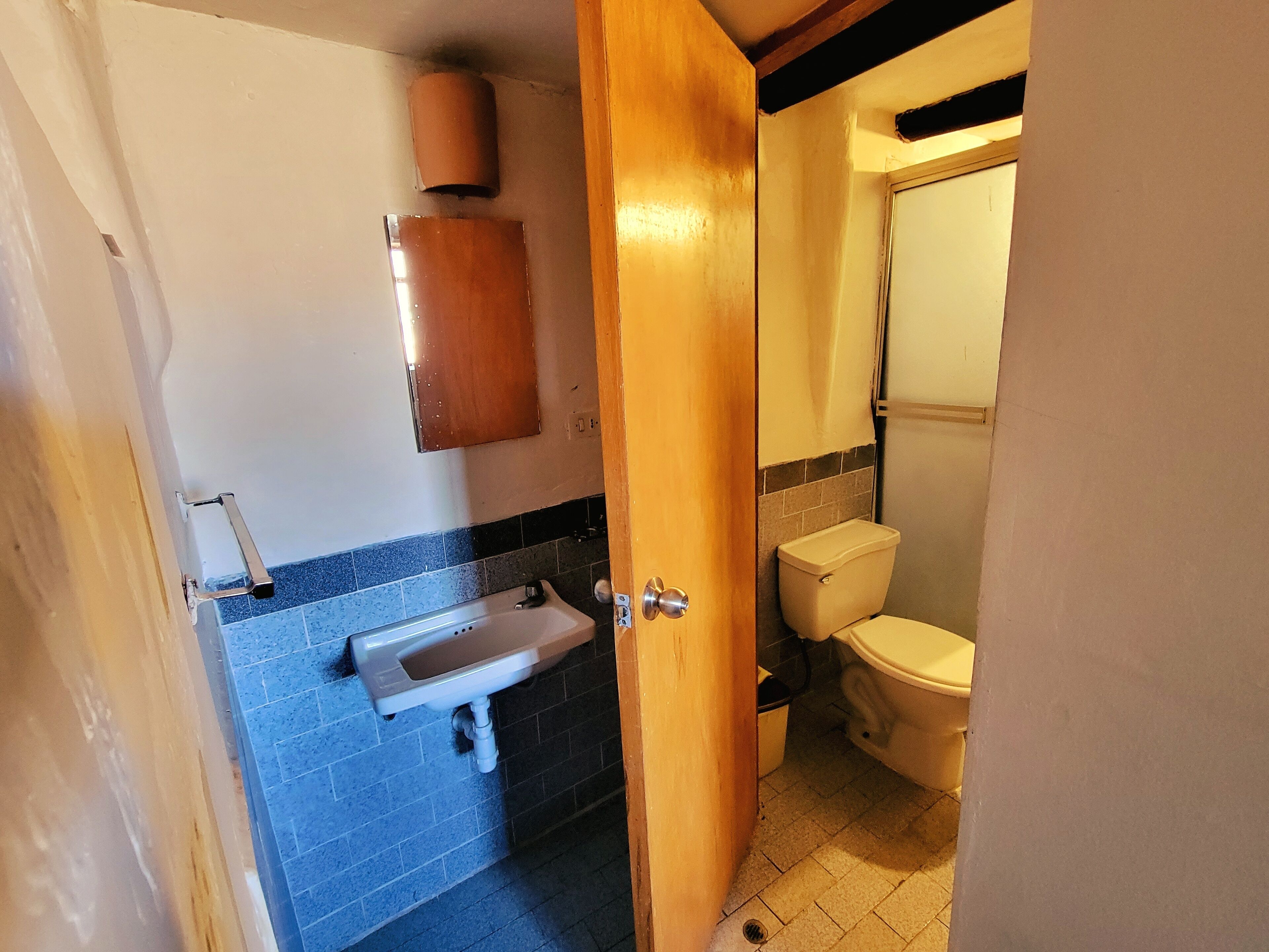 A bathroom with a toilet, sink, and a wooden door.