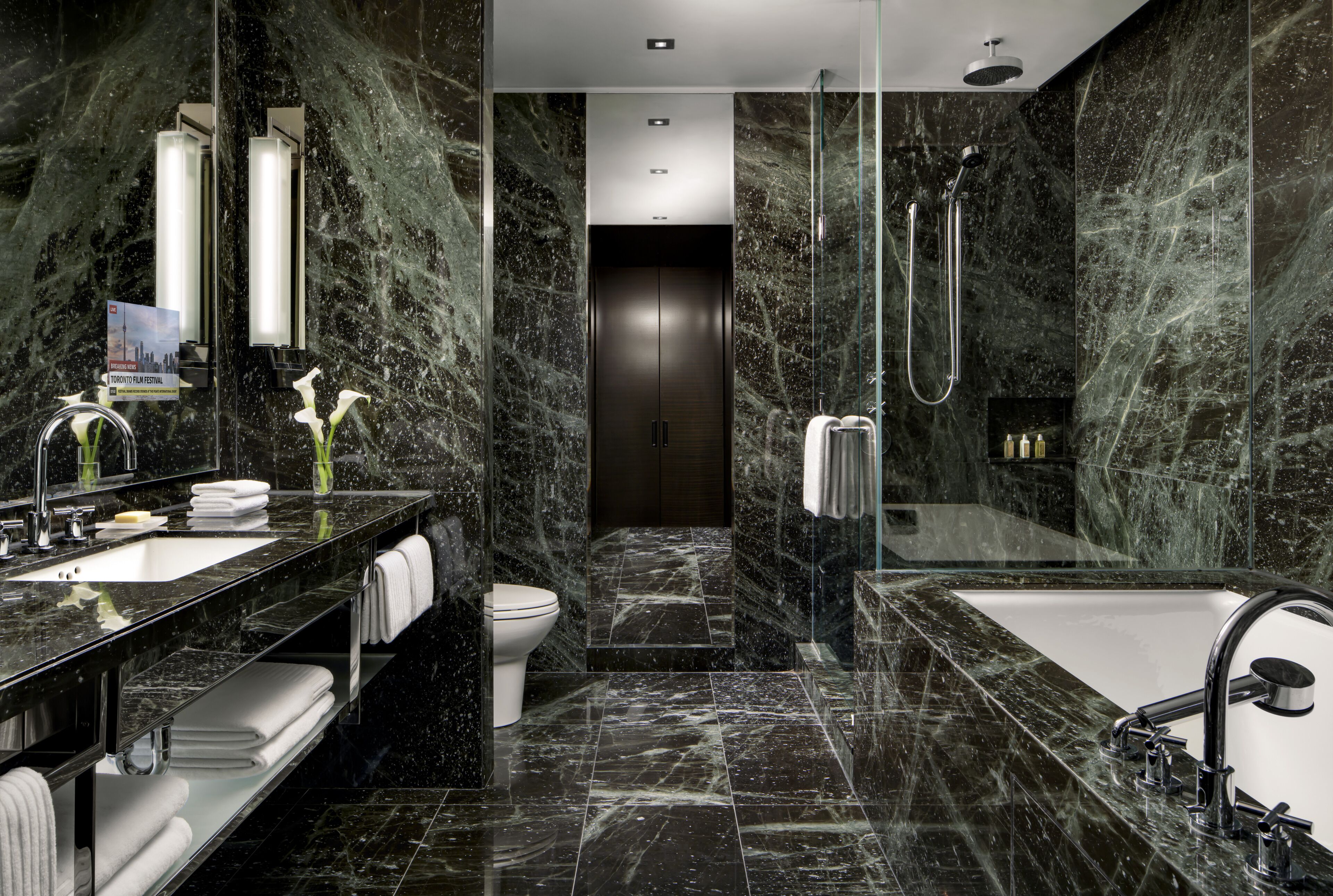 separate bathtub and shower, deep-soaking bathtub, rainfall showerhead