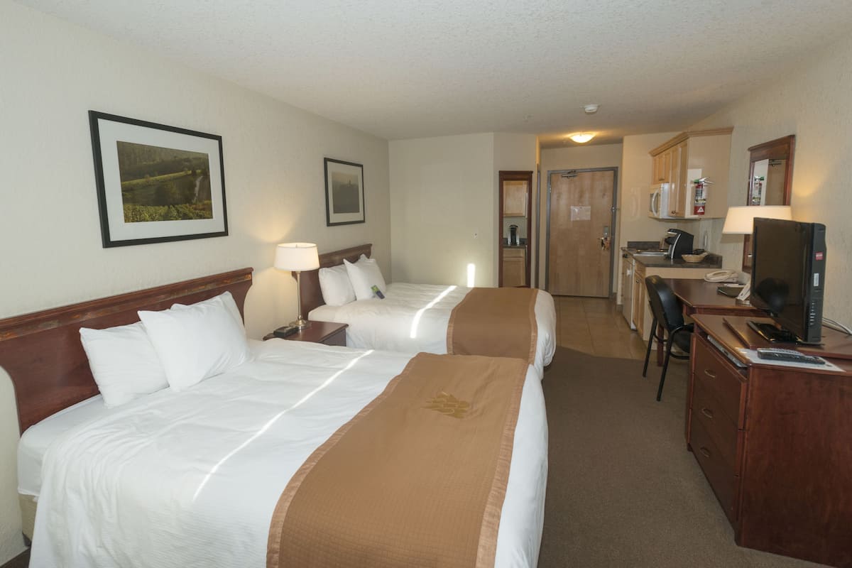 A hotel room with two beds, a desk, a chair, a television, and a kitchenette.