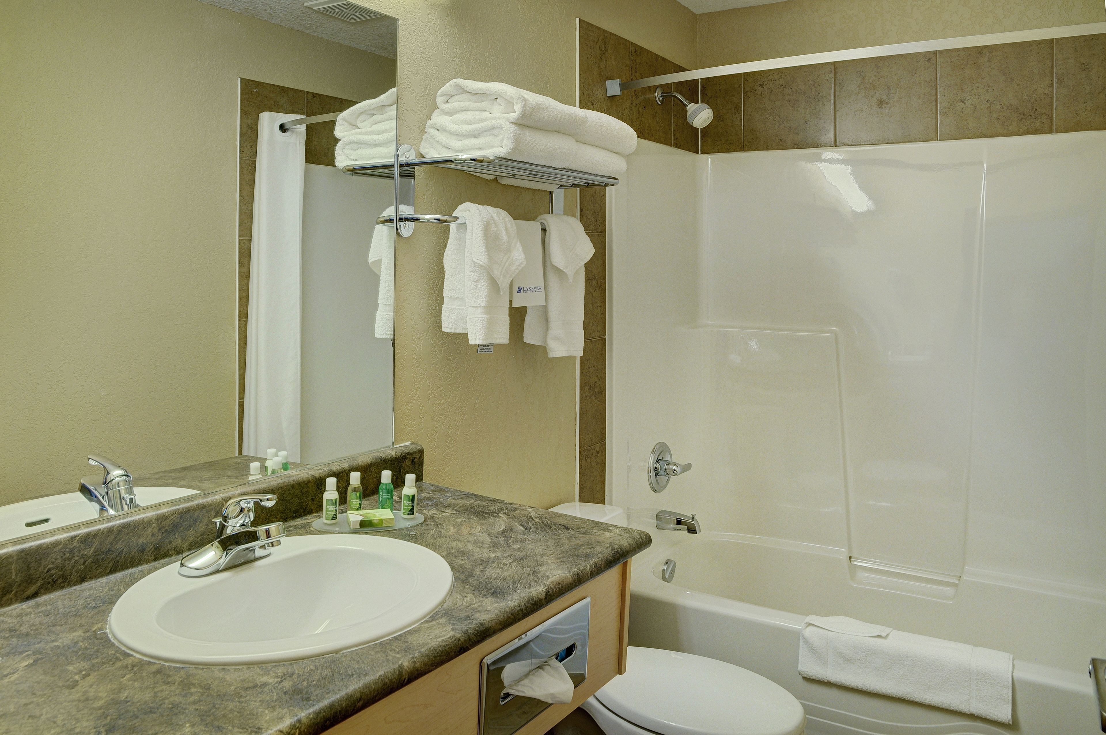 combined shower/bathtub, free toiletries, hair dryer, towels