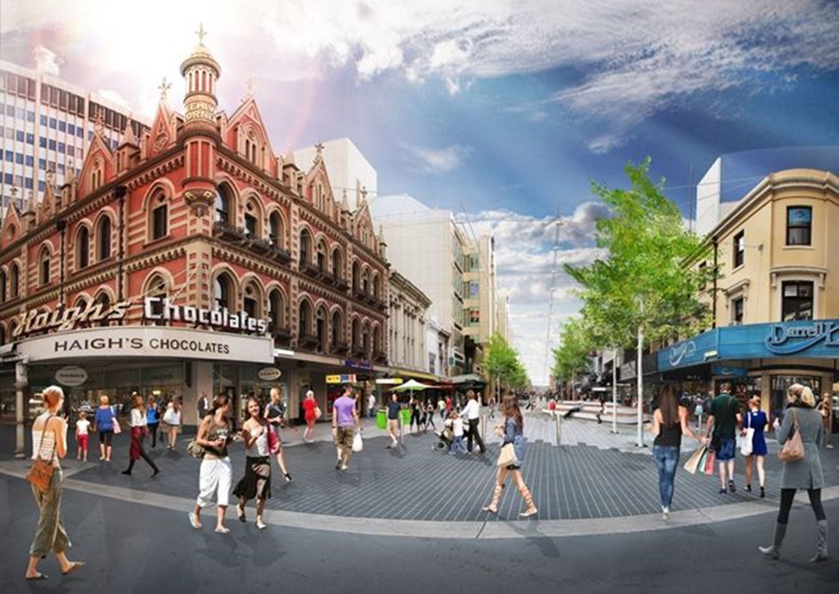 Een drukke stadsstraat met historische gebouwen, waaronder een opvallend rood pand met de tekst 'Haigh's Chocolates'.