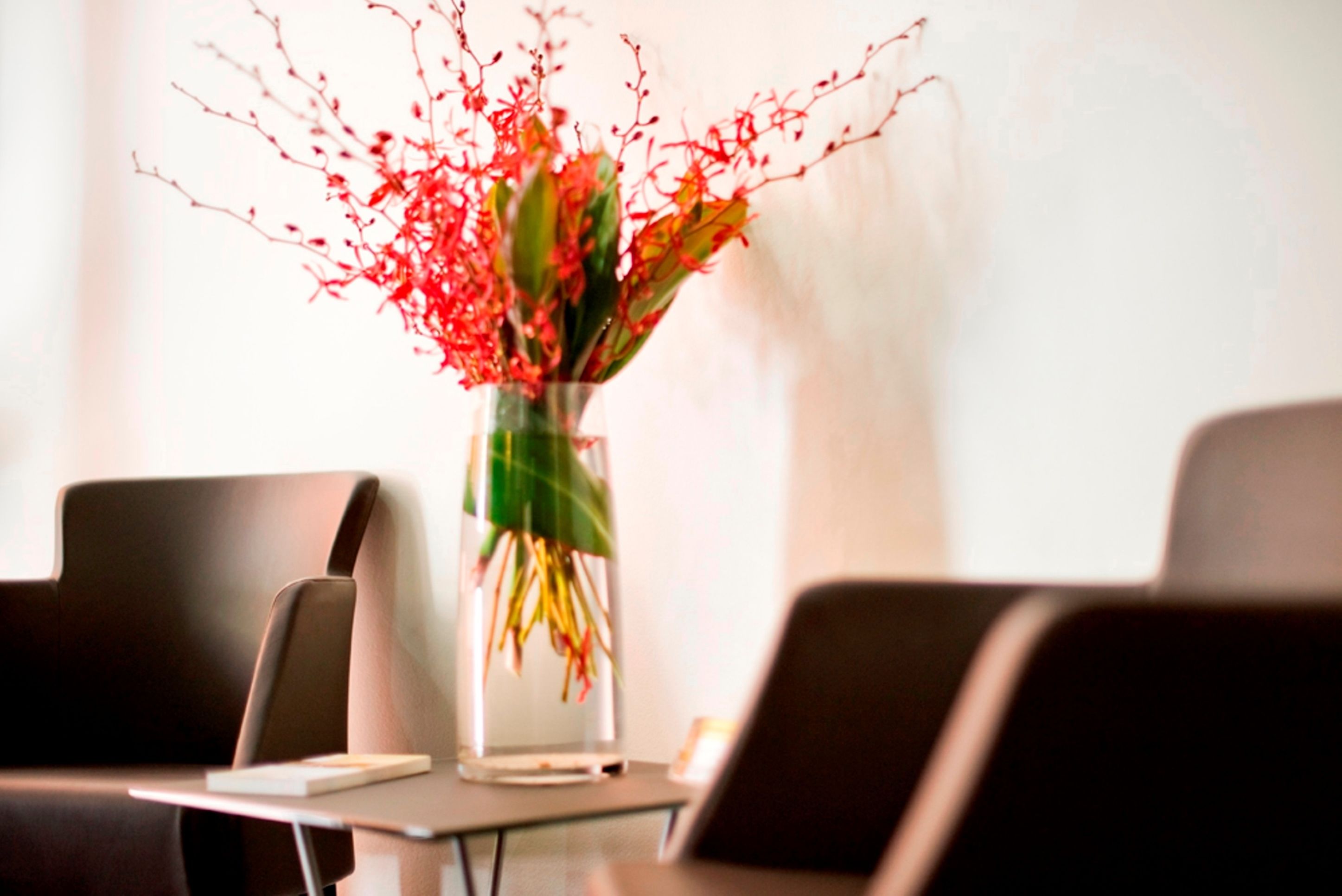 Una habitación moderna con una mesa de vidrio, un florero con flores rojas y sillas marrones.
