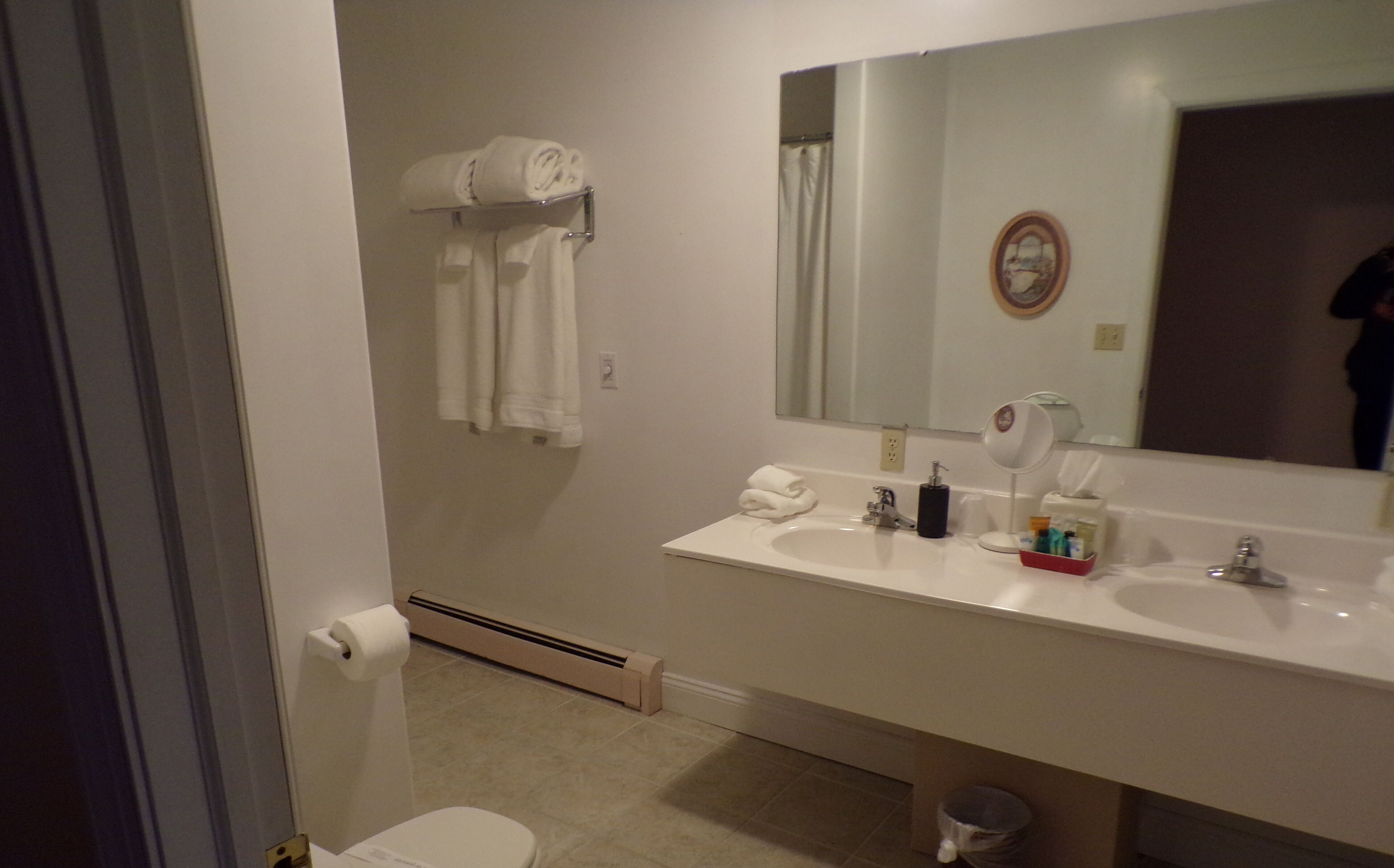 Ein Badezimmer mit einem weißen Waschbecken, einem Spiegel, einem Handtuchhalter und einer Toilette.