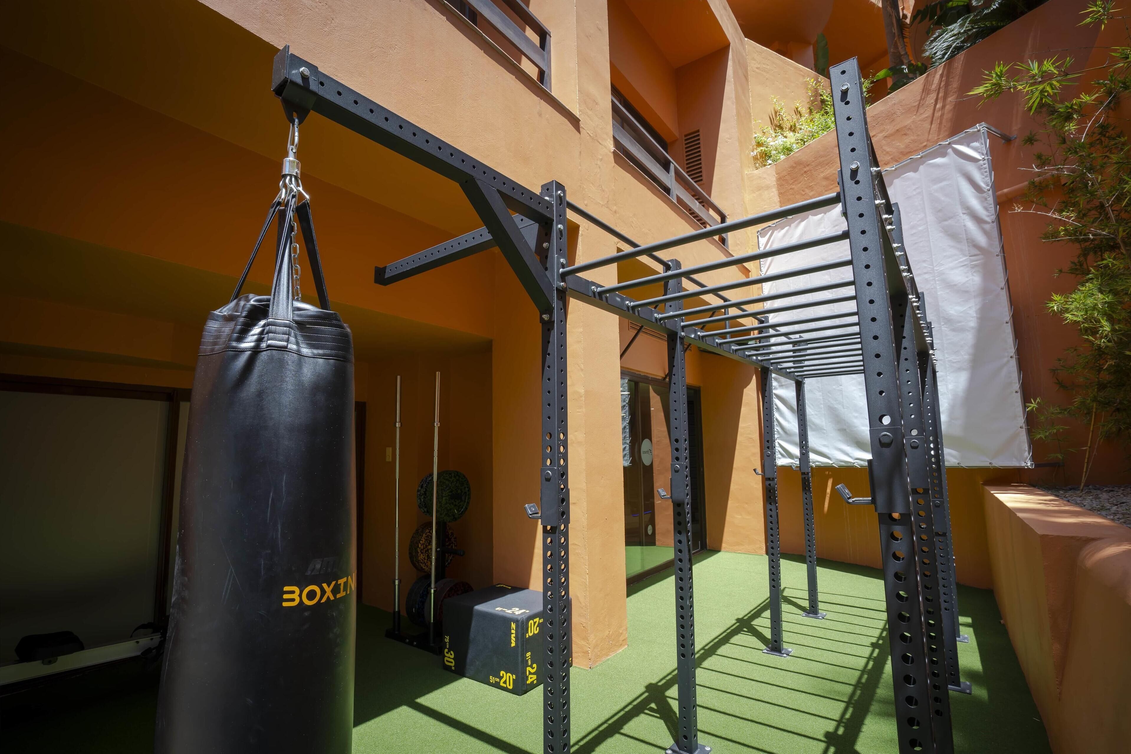 Un gimnasio con barra para dominadas, saco de boxeo y discos de pesas.