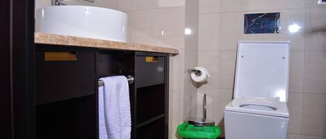 A bathroom with a sink, toilet, and trash bin.