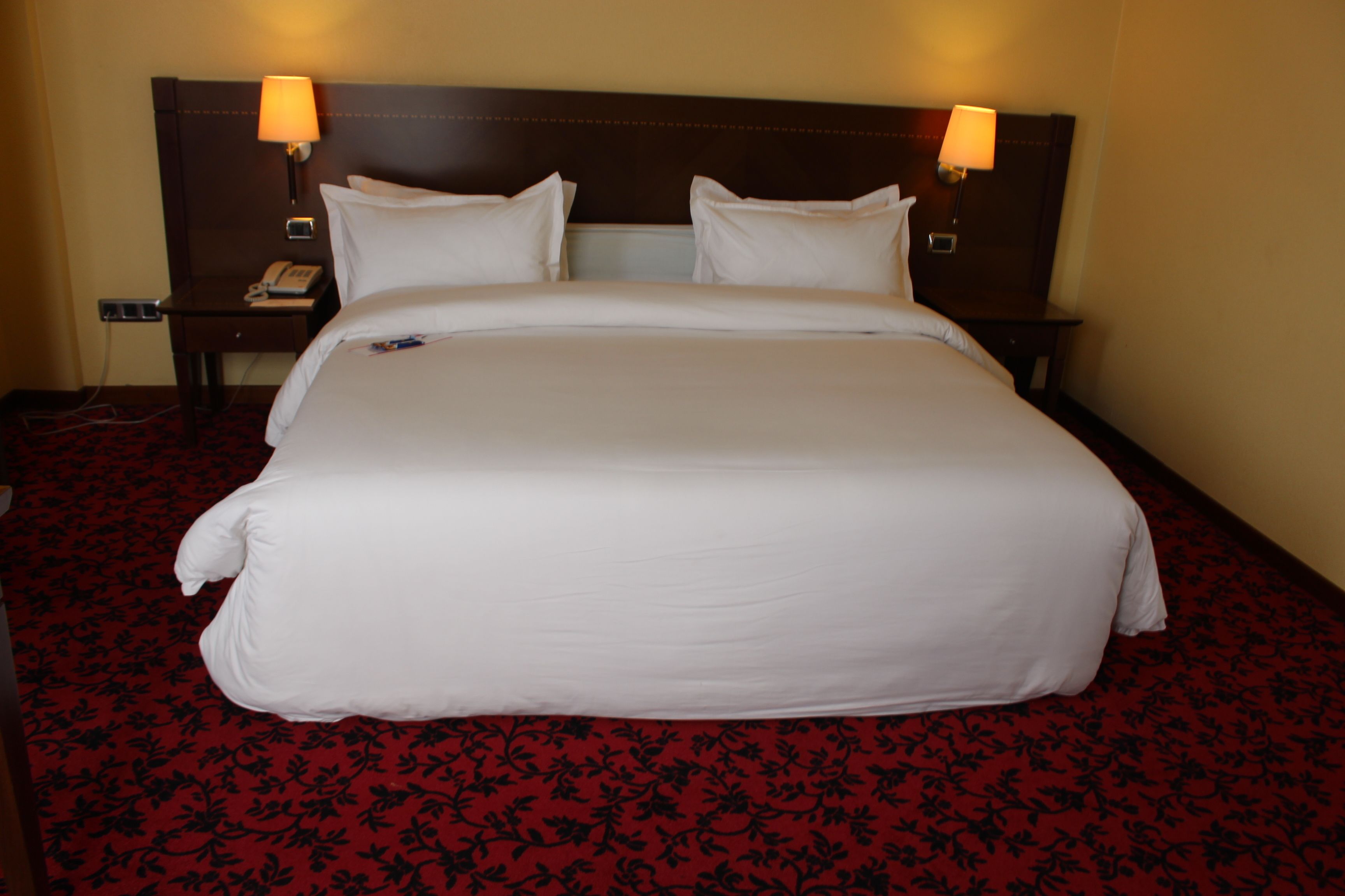 A hotel room with a large bed, two bedside tables, and two wall-mounted lamps.