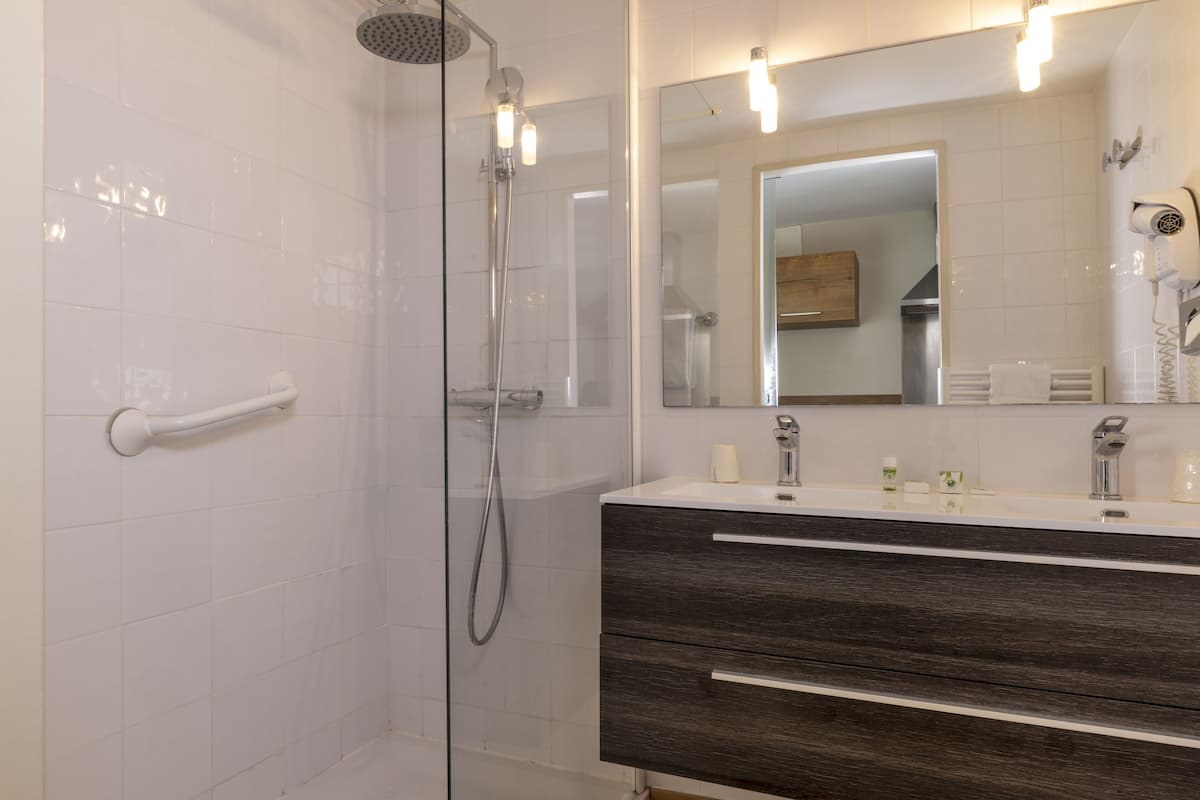 shower, free toiletries, hair dryer, towels