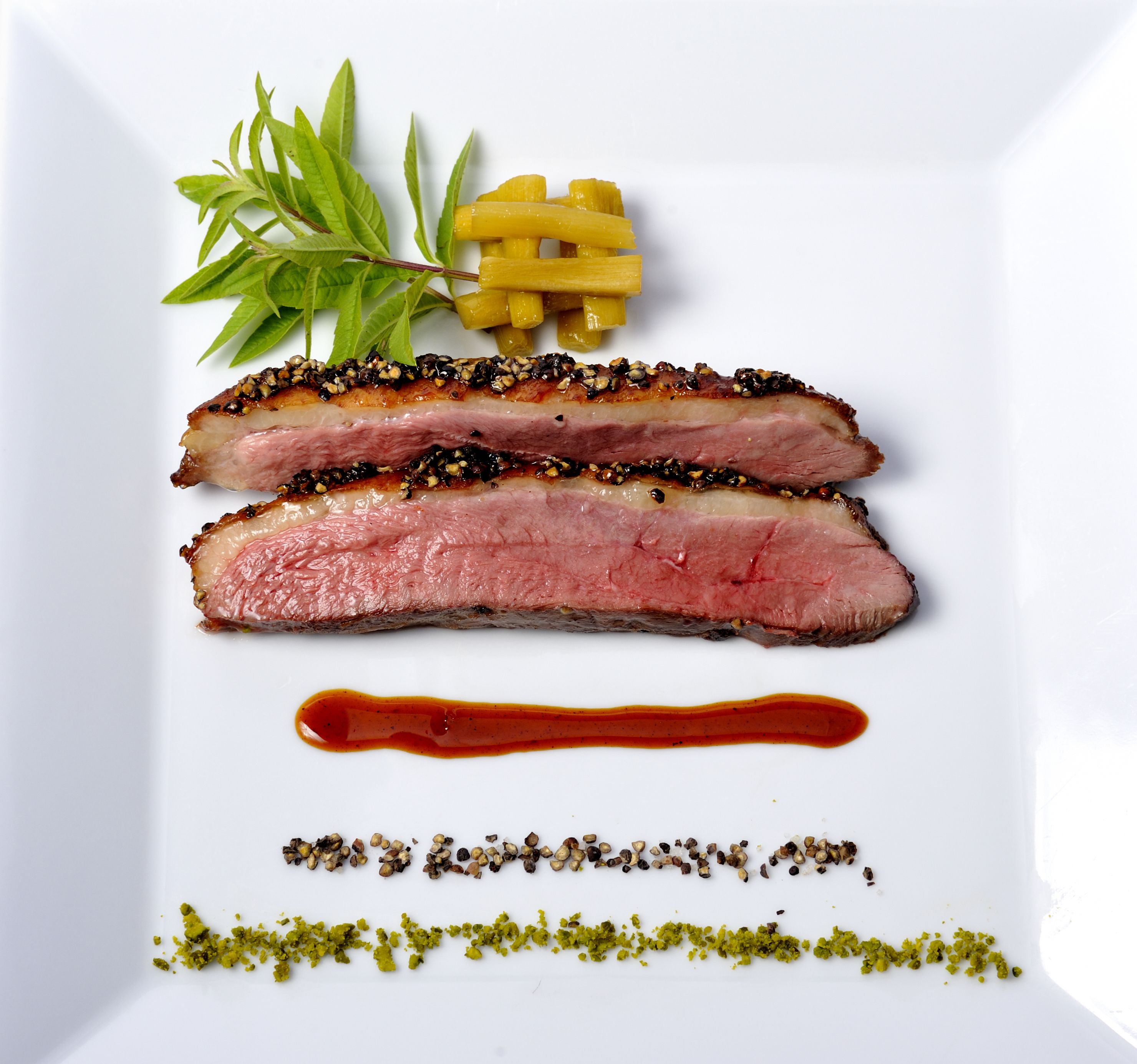 A plate with sliced meat, a drizzle of sauce, and some herbs.