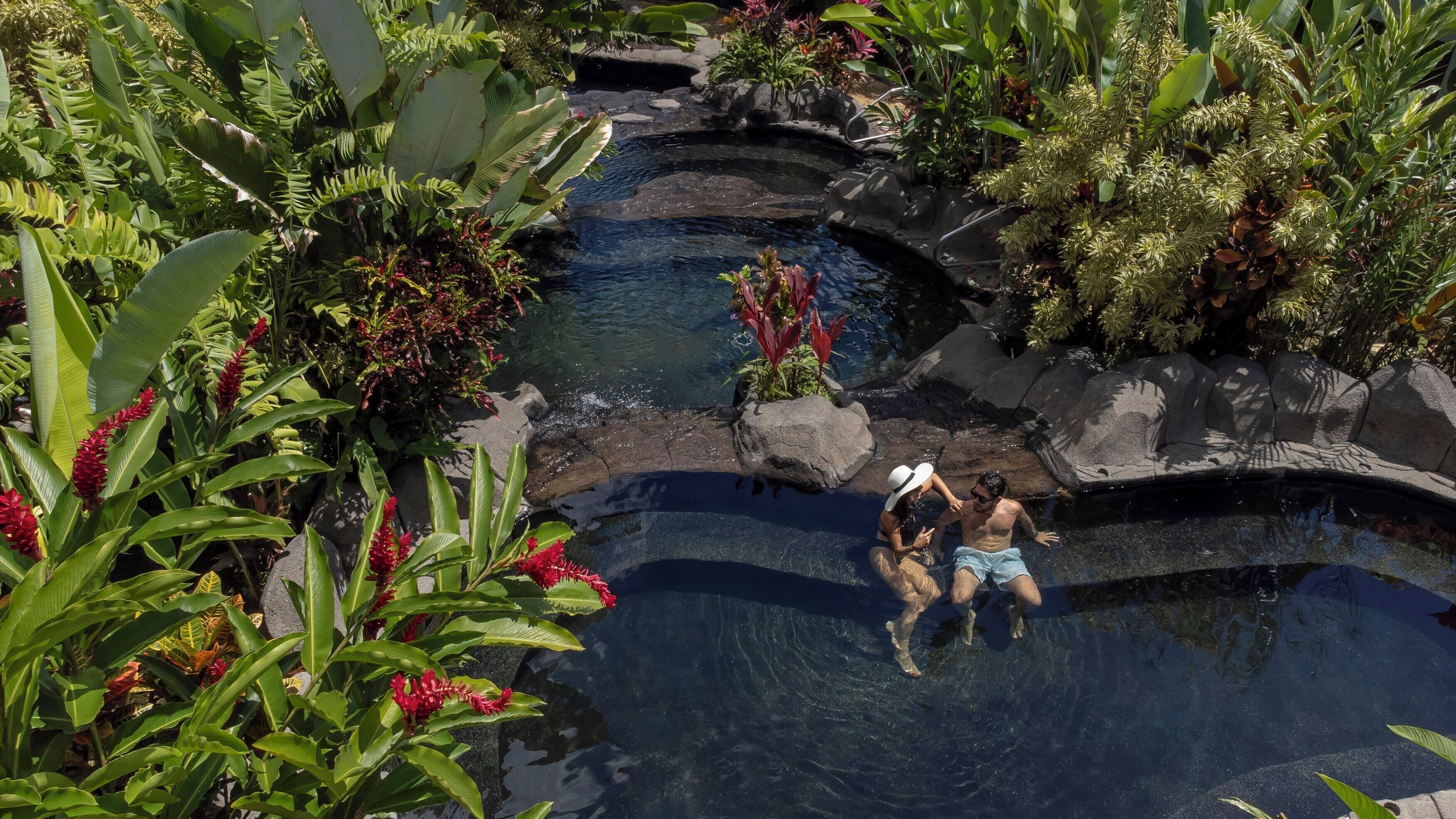 A man and a woman in a swimming pool surrounded by lush greenery.