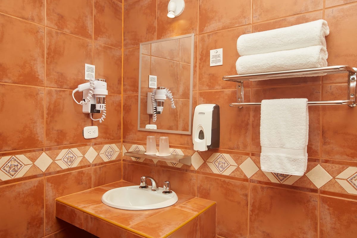 traditional single room | bathroom | shower, free toiletries, hair dryer, towels
