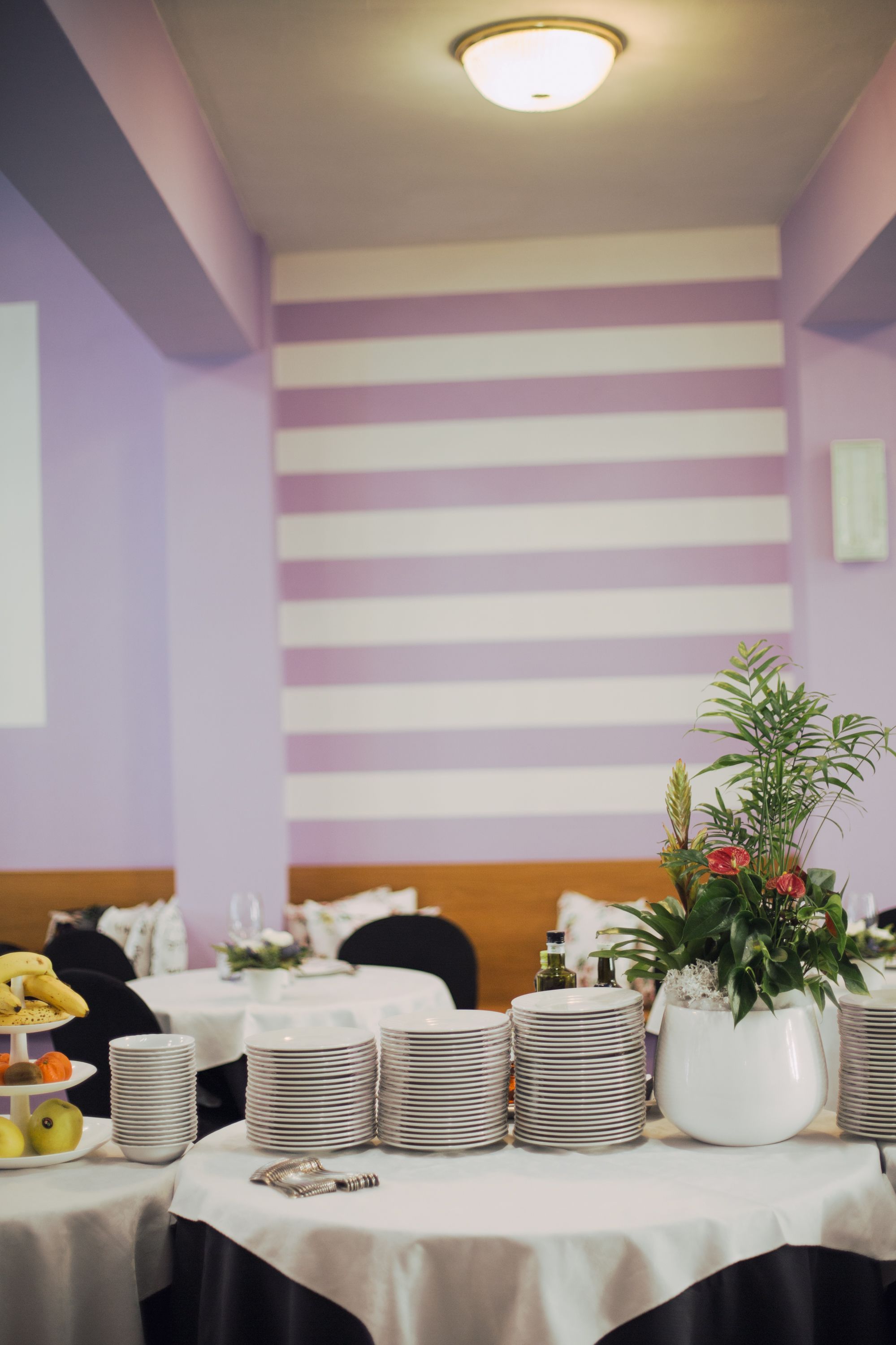 Un comedor con mesas dispuestas para una comida, con platos apilados y un centro de mesa con plantas.