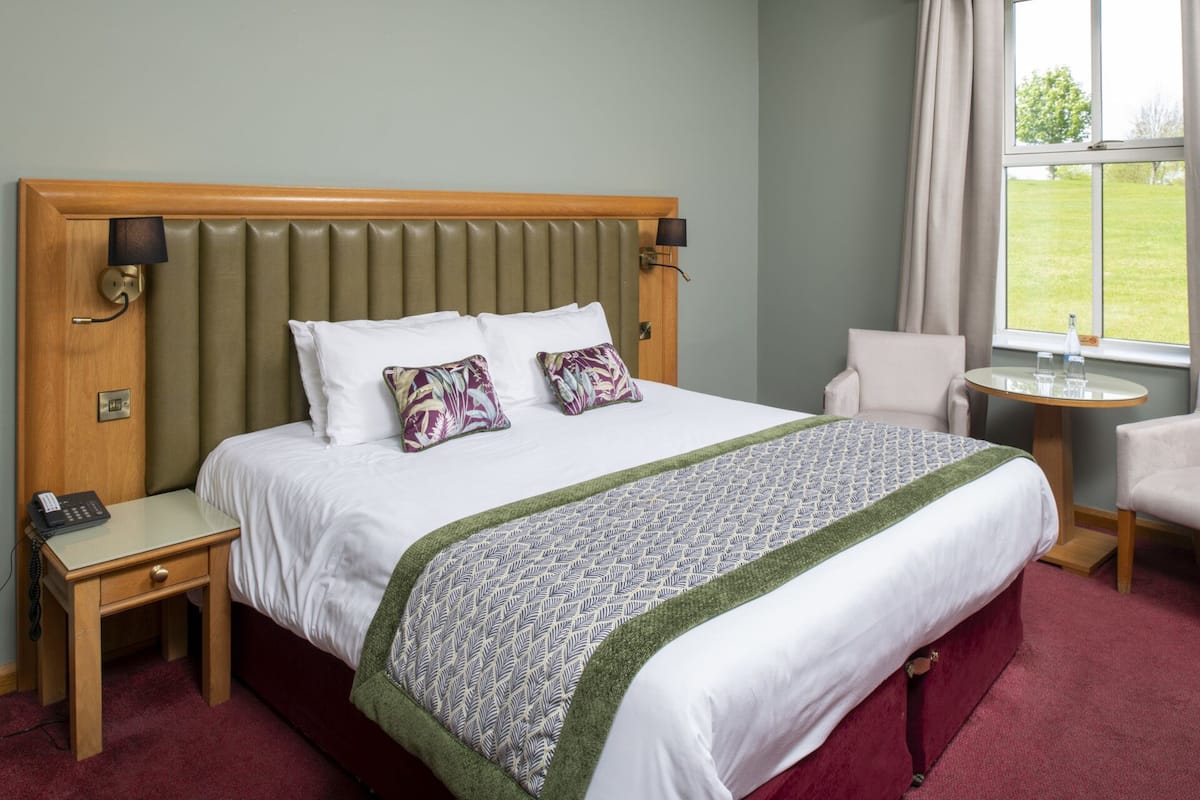 Habitación de hotel con una cama grande, dos almohadas, una mesita de noche con un teléfono, una silla, una pequeña mesa con un vaso y una ventana con vistas a zonas verdes.