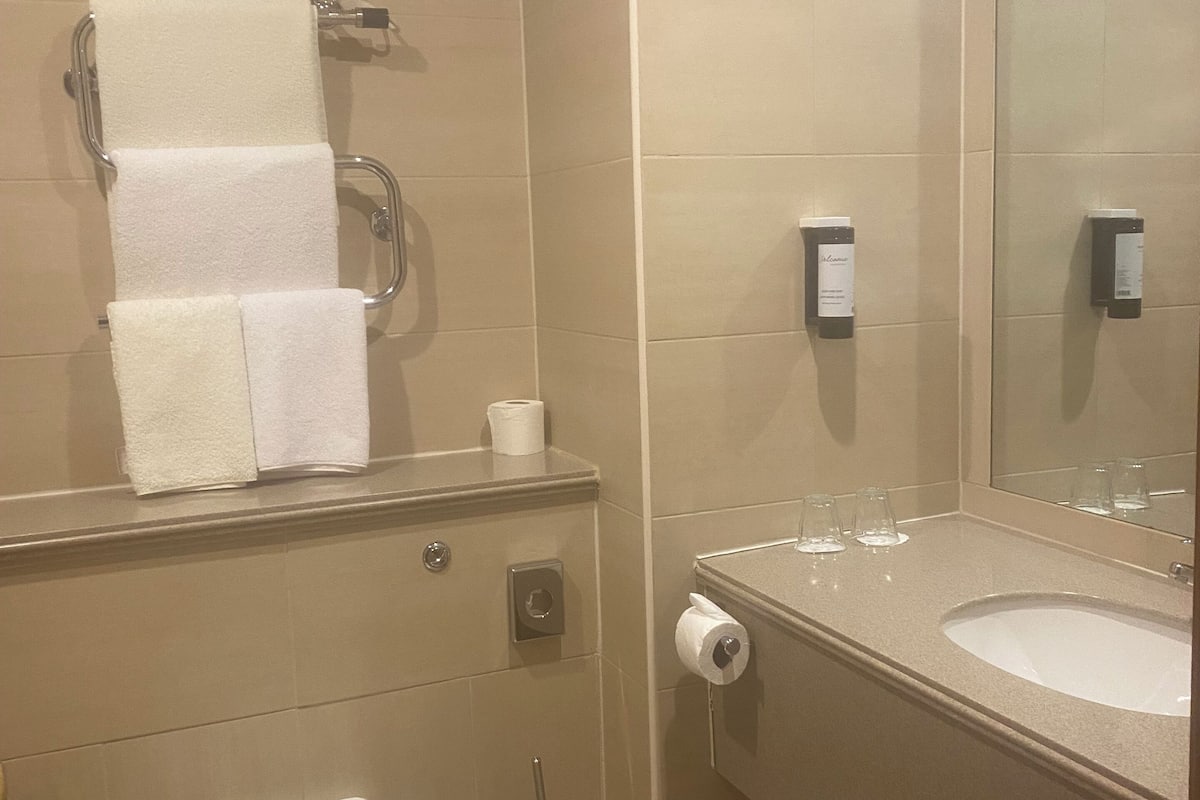 combined shower/bathtub, designer toiletries, hair dryer, towels