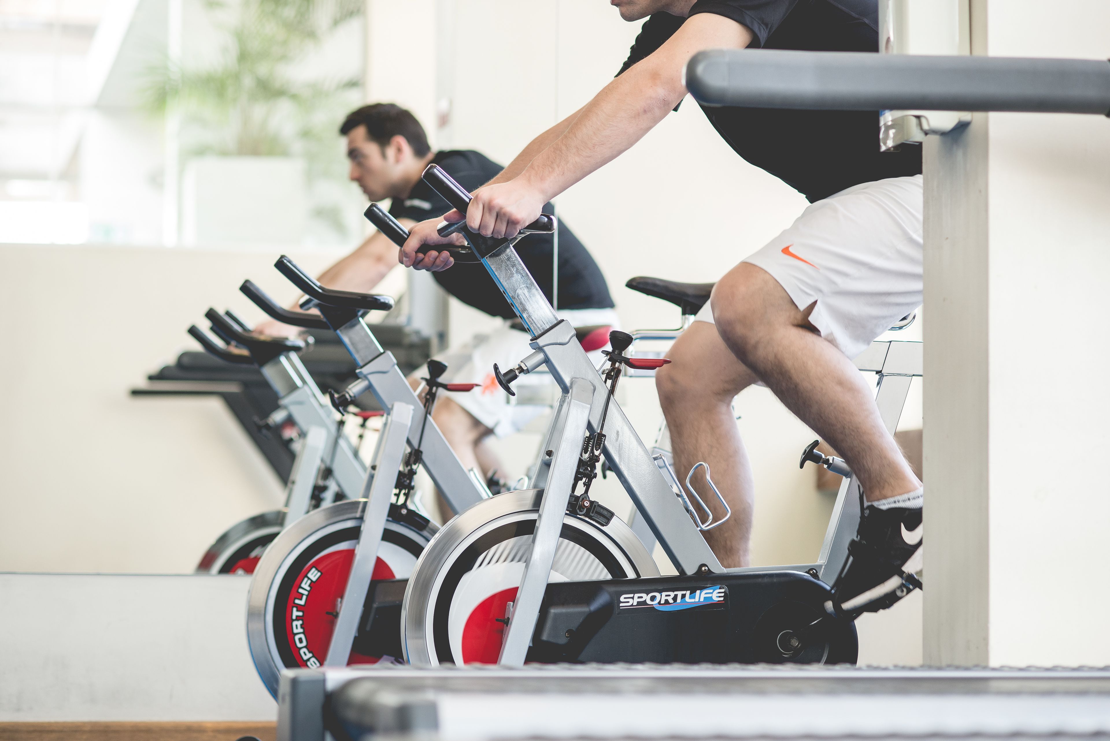Une salle de sport équipée de vélos d’appartement, d’un tapis de course et d’un mur recouvert de miroirs.