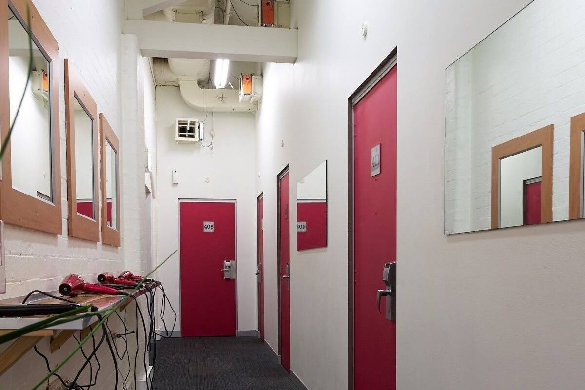 A narrow hallway with red doors, a mirror on the right wall, and a plant in the foreground.