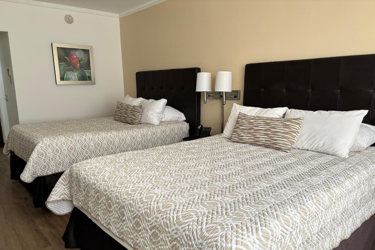 Two twin beds with patterned bedding, a wall-mounted lamp, and a framed picture on the wall.