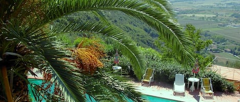 Piscine extérieure, chaises longues