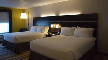 Desk, laptop workspace, blackout drapes, iron/ironing board