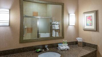 A bathroom with a large mirror, a sink, a towel rack, and a framed picture on the wall.