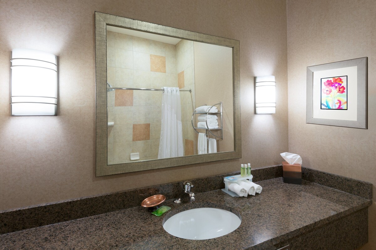 A bathroom with a large mirror, two wall-mounted lights, a sink, and a framed picture on the wall.