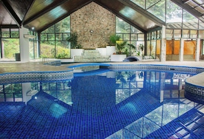 Relax by the pool with a view of the surrounding landscape through large windows.
