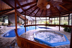 Un espace piscine intérieure doté d’un plafond en bois et de murs en verre, entouré de plantes et de sièges.