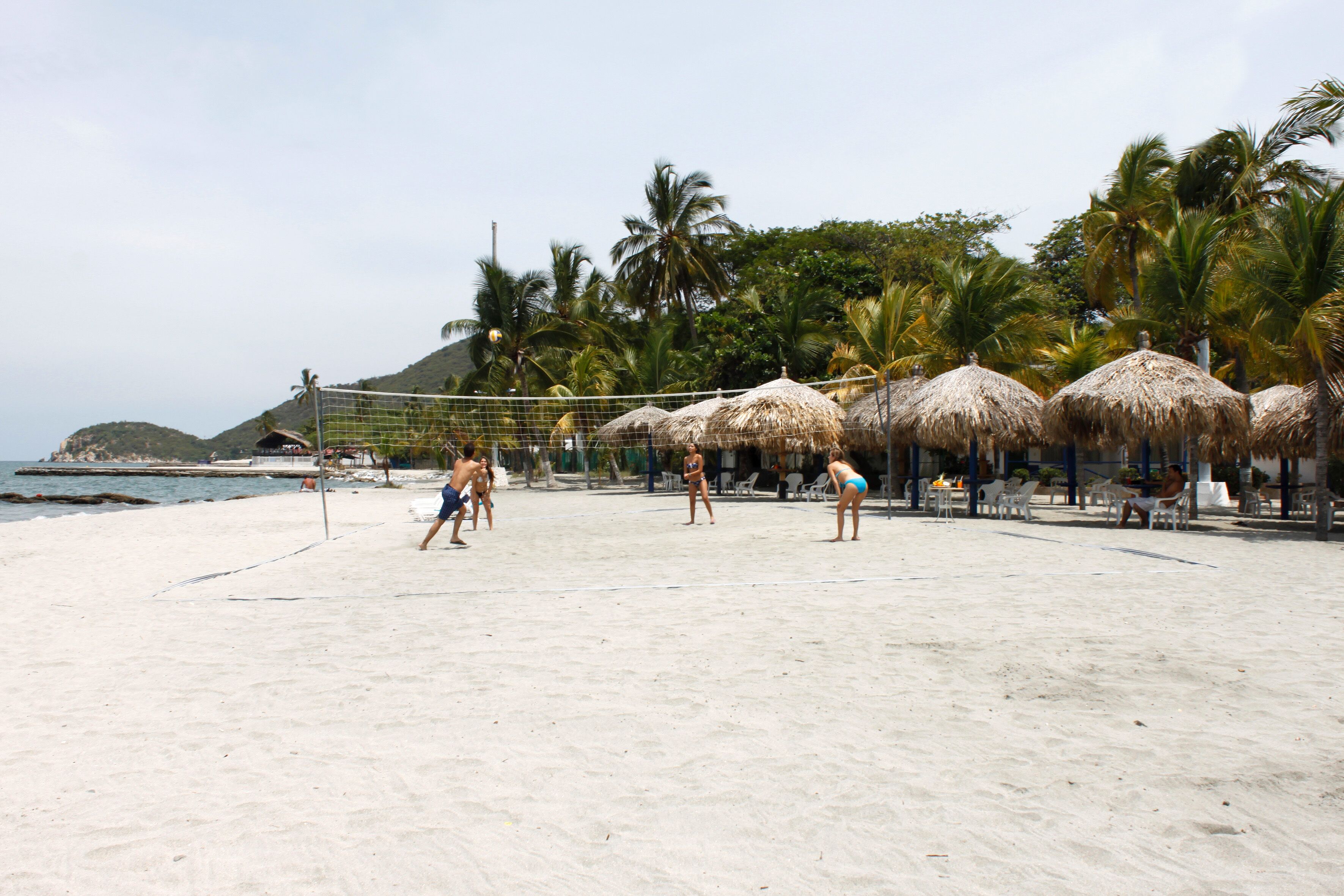 Una cancha de voleibol de playa con palmeras y sombrillas de paja al fondo.