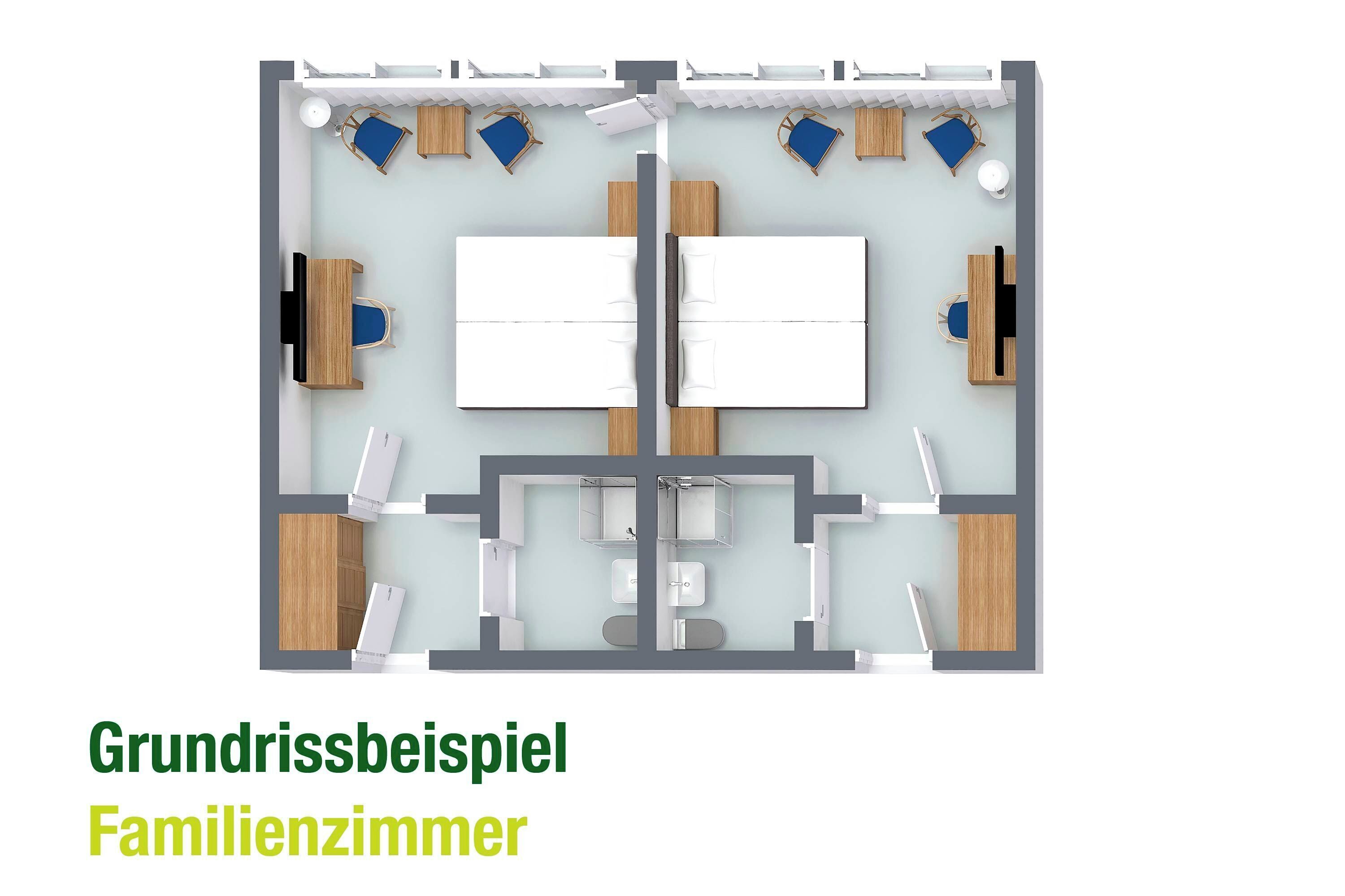 A family room layout with two beds, a dining table, and seating areas.
