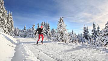 Schneebedeckte Landschaft mit einer Person beim Skifahren.