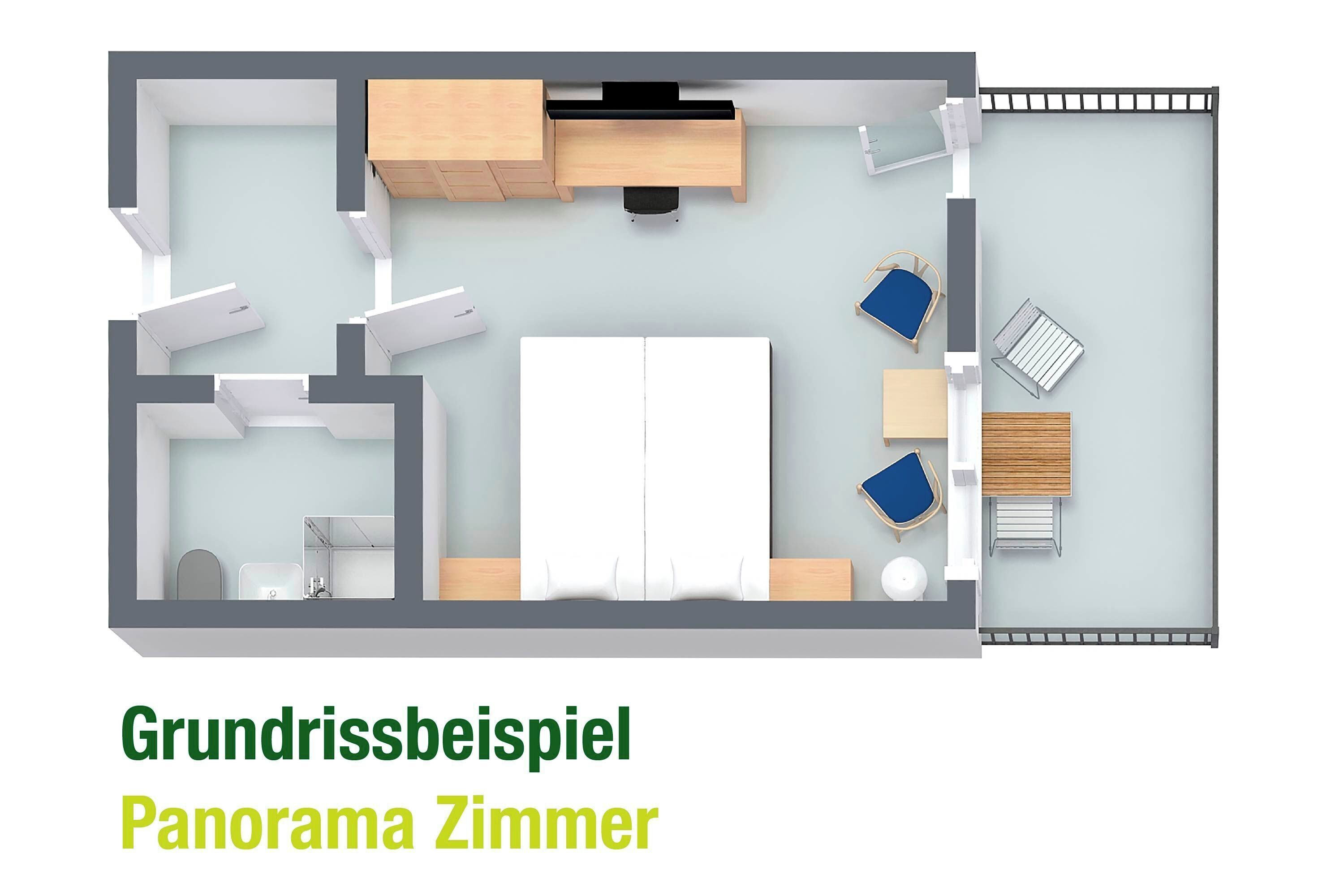 A panoramic view of a hotel room with a bed, a desk, a chair, a small table, and a wardrobe.
