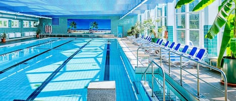 Indoor pool, seasonal outdoor pool, pool umbrellas, sun loungers