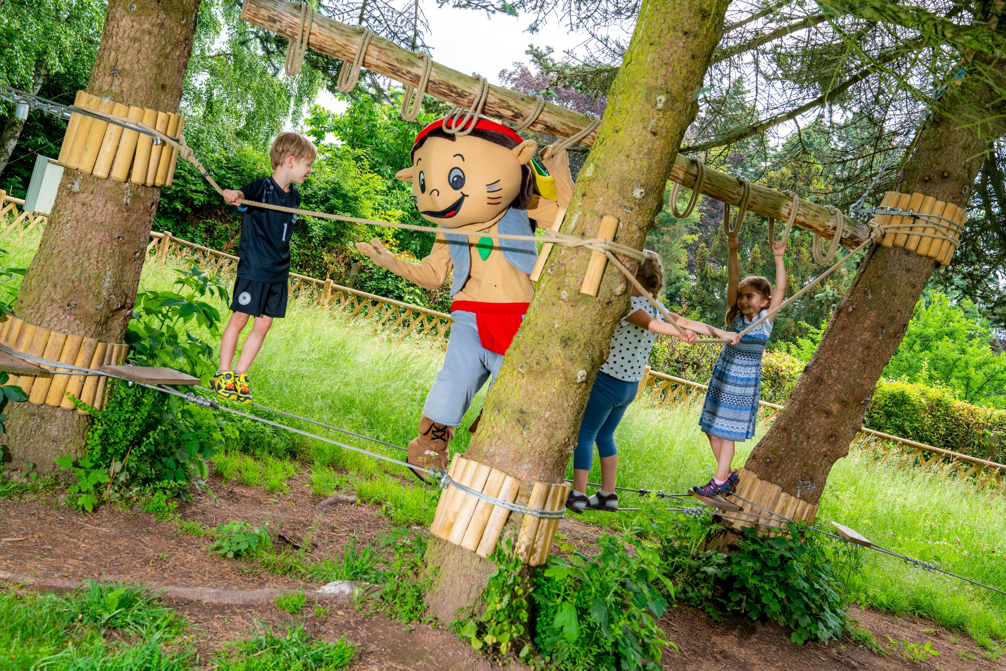 A rope bridge with wooden planks and ropes, surrounded by trees and greenery.
