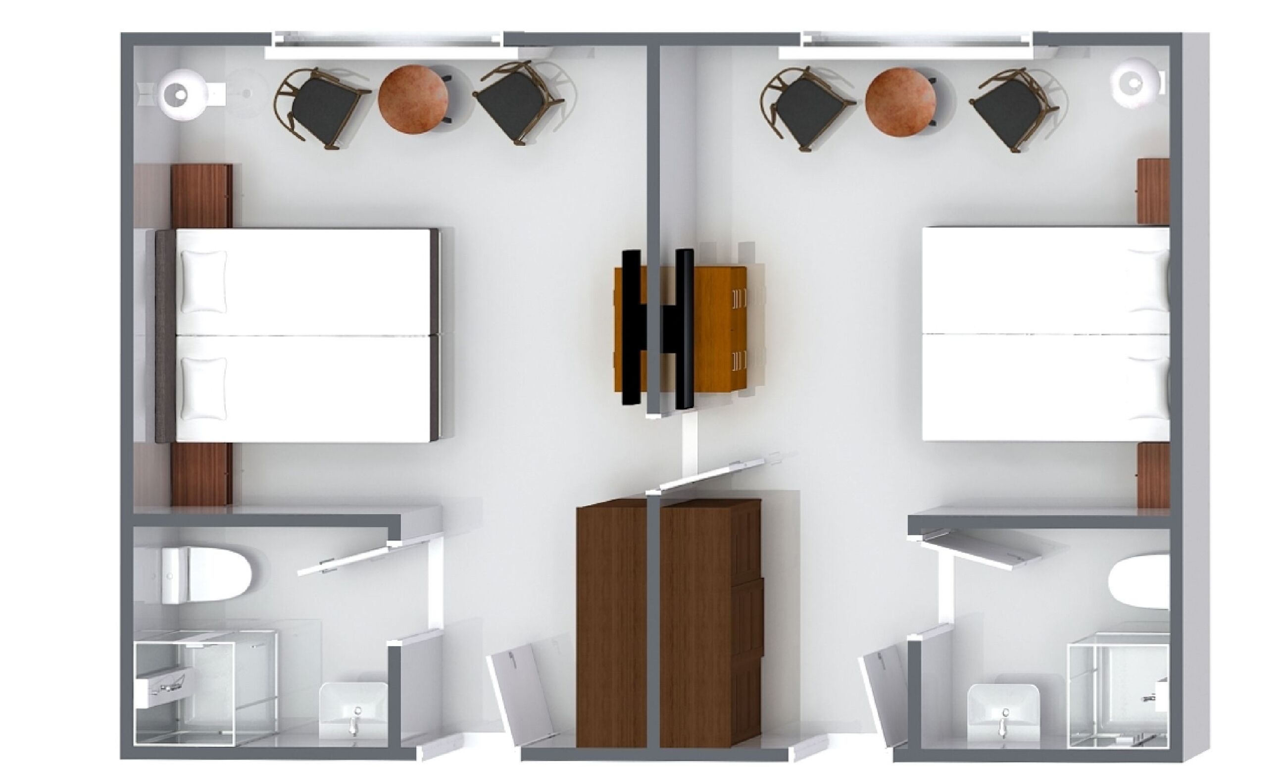 Planta de quarto de hotel com uma cama, duas áreas de estar, um armário, banheiro e um pequeno espaço de cozinha.