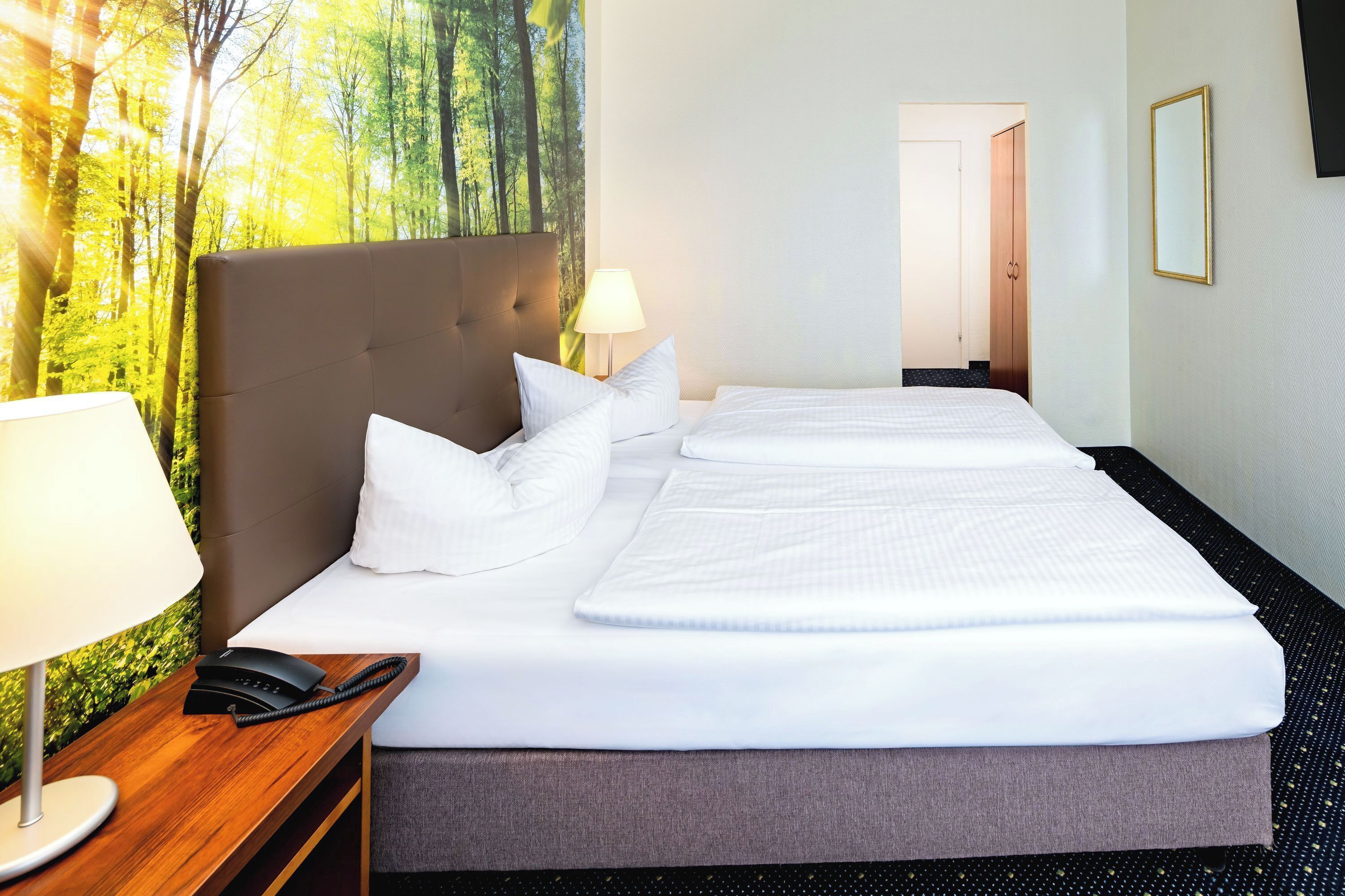 A hotel room with a large bed, a bedside table with a lamp, a phone, and a wall-mounted TV.