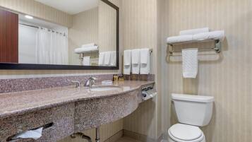 Combined shower/tub, free toiletries, hair dryer, towels