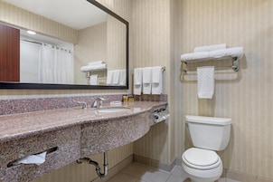 Combined shower/tub, free toiletries, hair dryer, towels