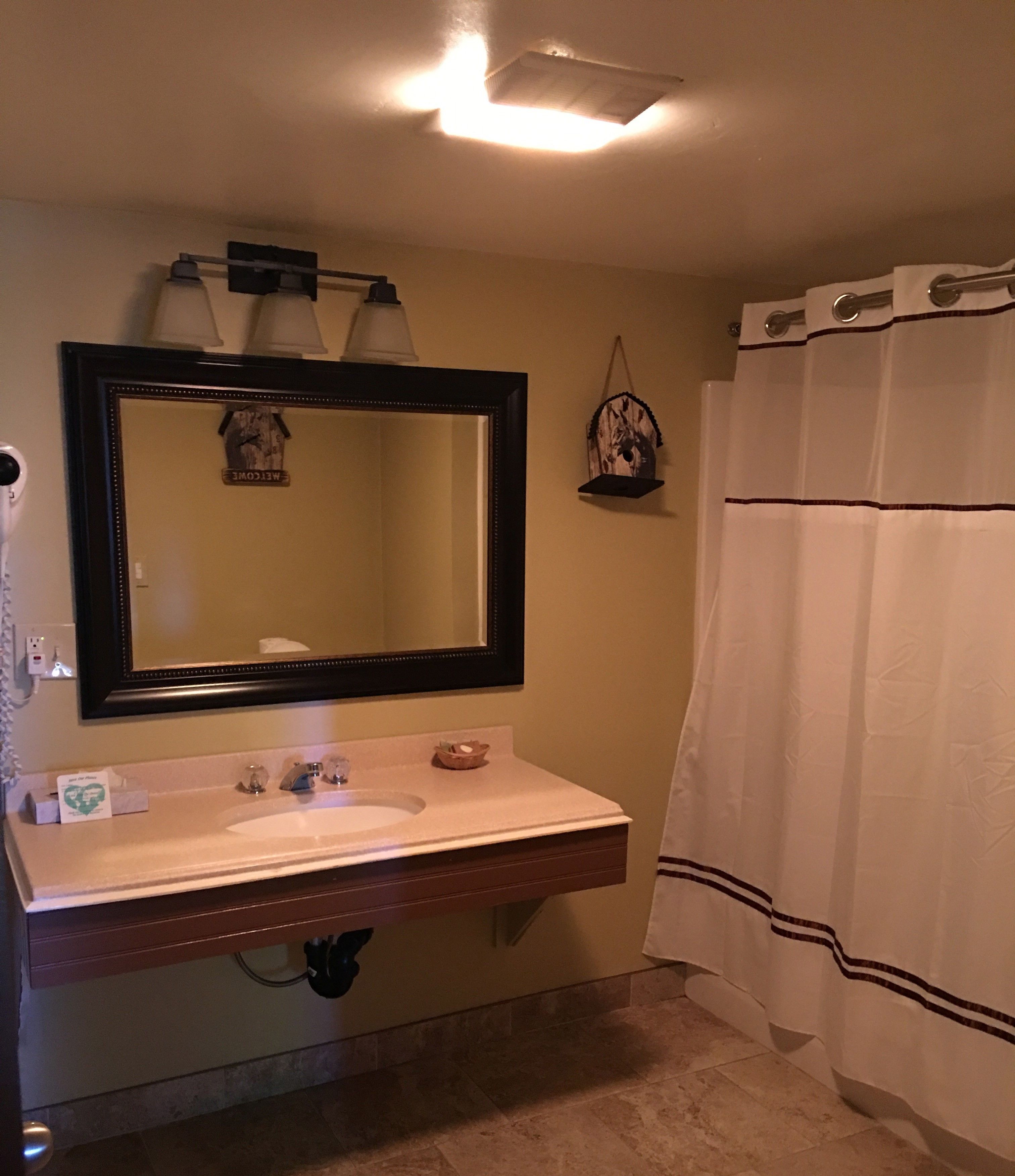 A bathroom with a sink, mirror, and shower curtain.
