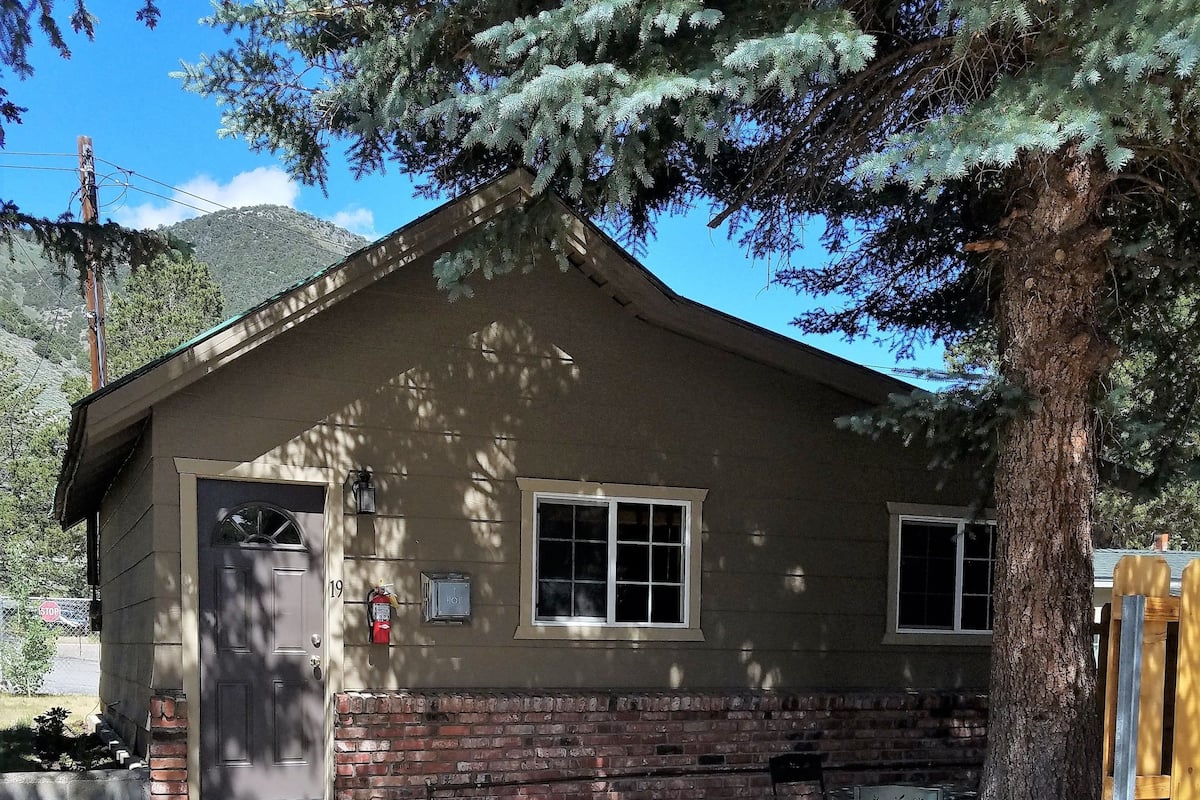 A small building with a door and windows, a brick foundation, and a tree in front.