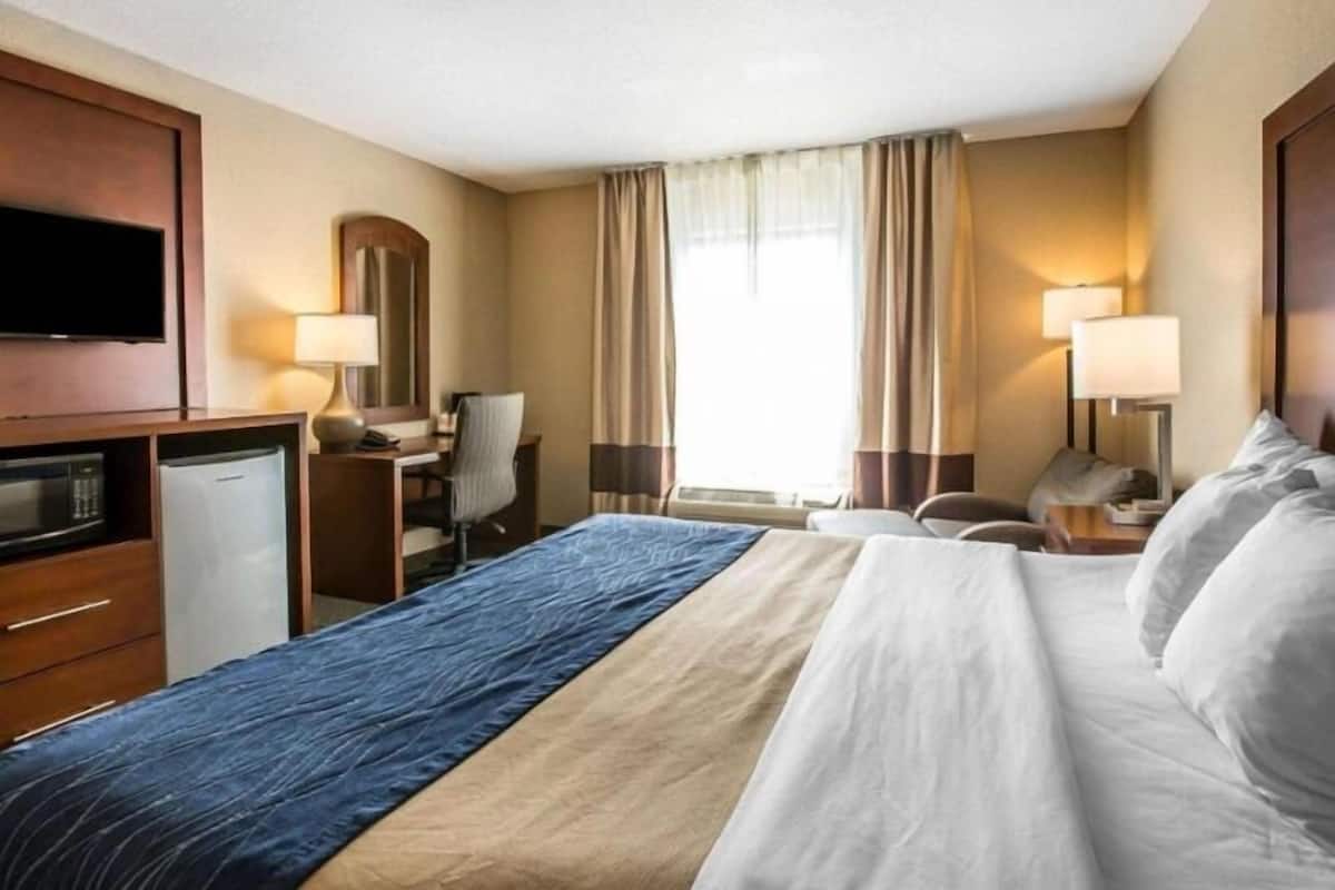 A hotel room with a bed, desk, chair, television, and a minibar.