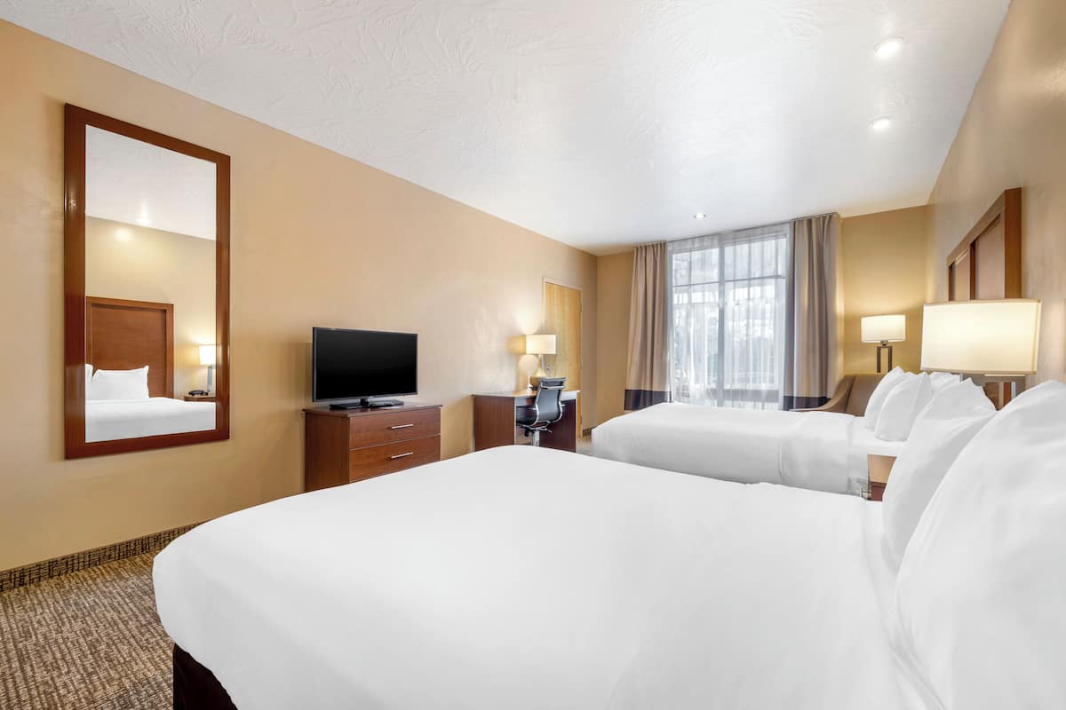A hotel room with two beds, a desk with a computer, a TV, and a large mirror.