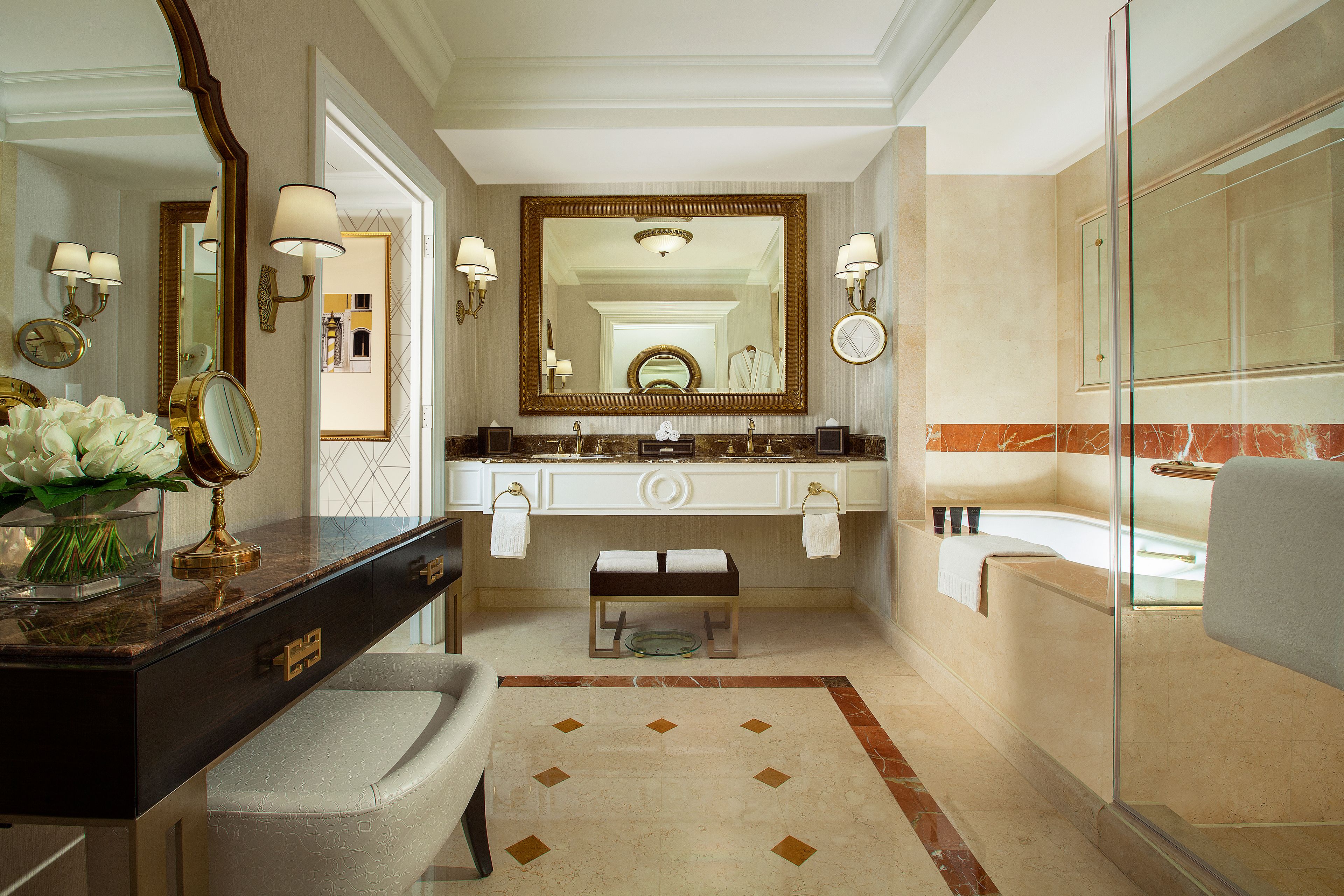 separate bathtub and shower, free toiletries, hair dryer, bathrobes