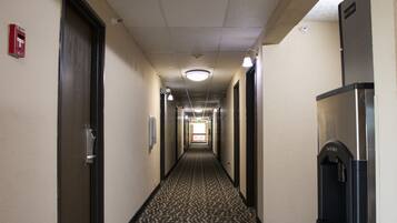Corredor de hotel com piso carpeteado, portas em ambos os lados e um bebedouro à direita.