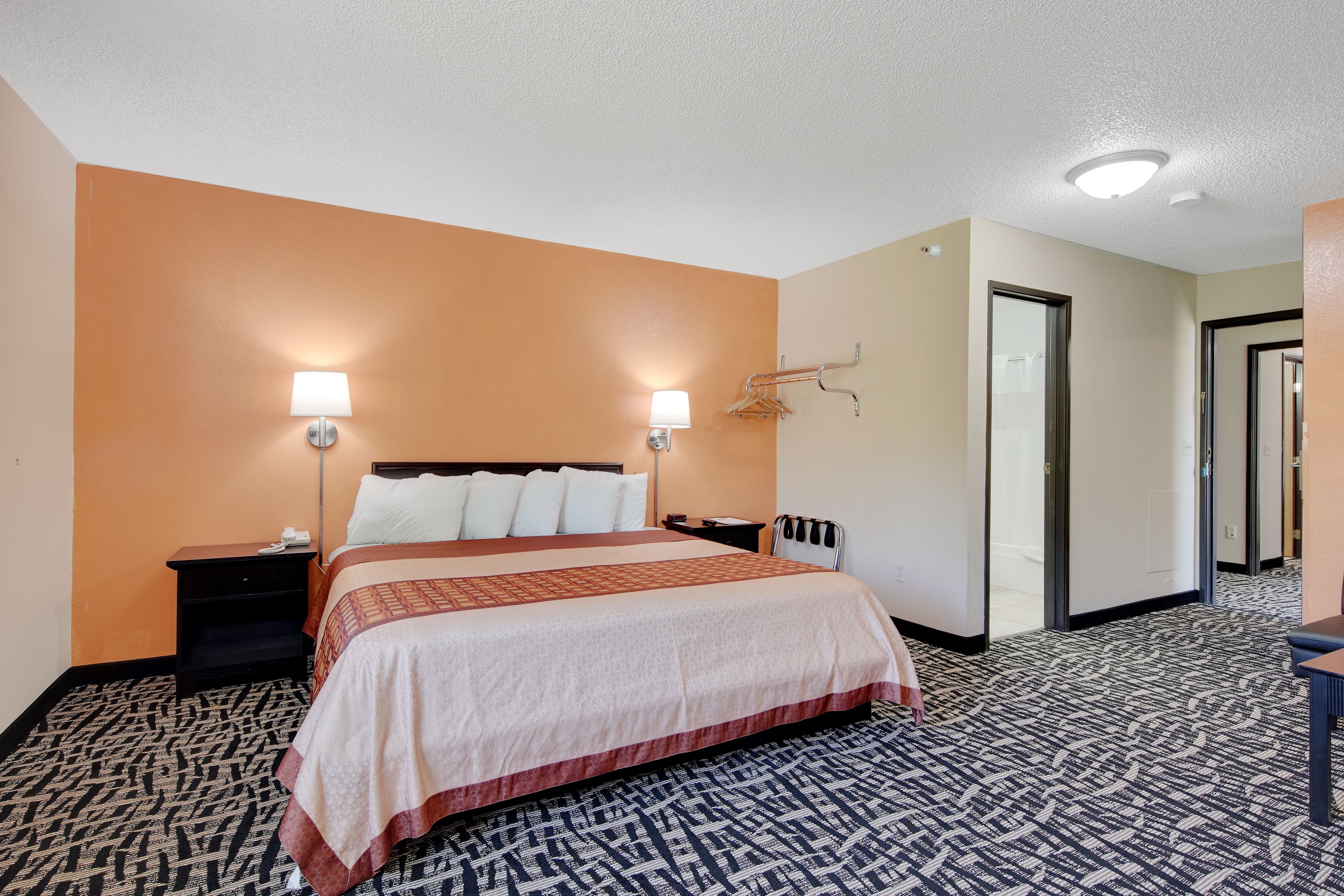 Habitación de hotel con una cama grande, dos lámparas de noche, una mesita de noche, un armario y una alfombra estampada.
